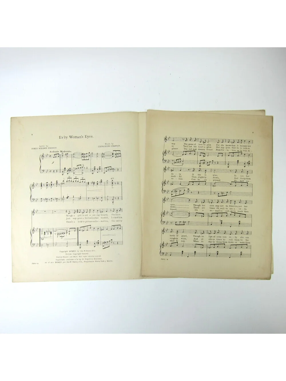 Black Poet JAMES WELDON JOHNSON Sheet Music Every Woman's Eyes 1912 Antique RARE